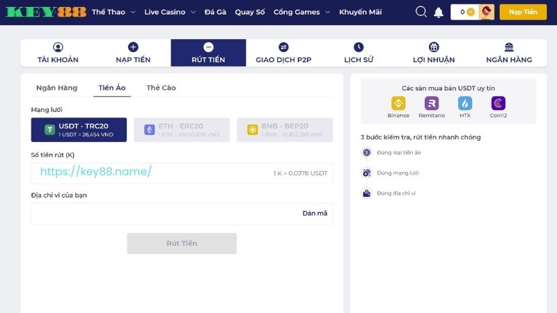 Rút tiền KEY88 dễ dàng, tiền về túi trong 5 phút